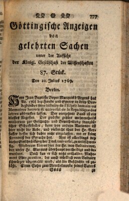 Göttingische Anzeigen von gelehrten Sachen (Göttingische Zeitungen von gelehrten Sachen) Samstag 22. Juli 1769