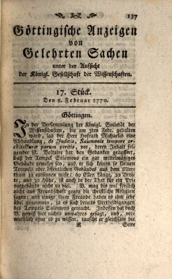Göttingische Anzeigen von gelehrten Sachen (Göttingische Zeitungen von gelehrten Sachen) Donnerstag 8. Februar 1770