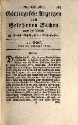 Göttingische Anzeigen von gelehrten Sachen (Göttingische Zeitungen von gelehrten Sachen) Donnerstag 22. Februar 1770