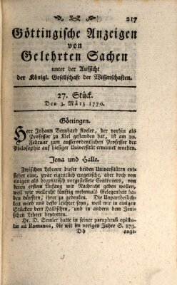 Göttingische Anzeigen von gelehrten Sachen (Göttingische Zeitungen von gelehrten Sachen) Samstag 3. März 1770