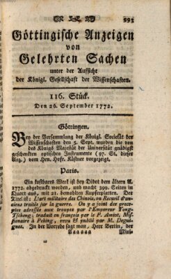 Göttingische Anzeigen von gelehrten Sachen (Göttingische Zeitungen von gelehrten Sachen) Samstag 26. September 1772