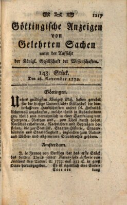 Göttingische Anzeigen von gelehrten Sachen (Göttingische Zeitungen von gelehrten Sachen) Samstag 28. November 1772