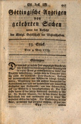 Göttingische Anzeigen von gelehrten Sachen (Göttingische Zeitungen von gelehrten Sachen) Donnerstag 4. Mai 1775