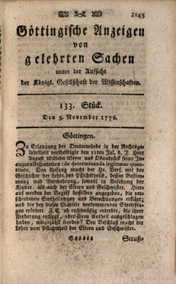 Göttingische Anzeigen von gelehrten Sachen (Göttingische Zeitungen von gelehrten Sachen) Dienstag 5. November 1776