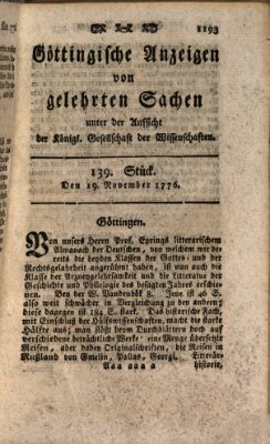 Göttingische Anzeigen von gelehrten Sachen (Göttingische Zeitungen von gelehrten Sachen) Dienstag 19. November 1776
