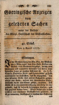 Göttingische Anzeigen von gelehrten Sachen (Göttingische Zeitungen von gelehrten Sachen) Samstag 5. April 1777