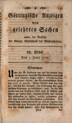 Göttingische Anzeigen von gelehrten Sachen (Göttingische Zeitungen von gelehrten Sachen) Samstag 7. Juni 1777