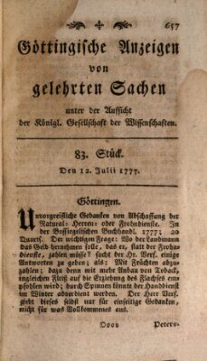 Göttingische Anzeigen von gelehrten Sachen (Göttingische Zeitungen von gelehrten Sachen) Samstag 12. Juli 1777