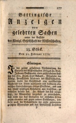 Göttingische Anzeigen von gelehrten Sachen (Göttingische Zeitungen von gelehrten Sachen) Samstag 21. Februar 1778