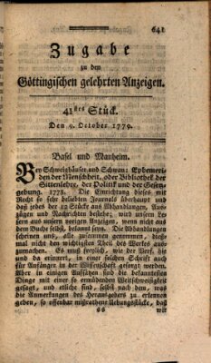Göttingische Anzeigen von gelehrten Sachen (Göttingische Zeitungen von gelehrten Sachen) Samstag 9. Oktober 1779