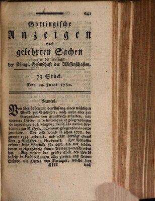 Göttingische Anzeigen von gelehrten Sachen (Göttingische Zeitungen von gelehrten Sachen) Donnerstag 29. Juni 1780