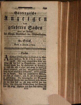 Göttingische Anzeigen von gelehrten Sachen (Göttingische Zeitungen von gelehrten Sachen) Samstag 1. Juli 1780