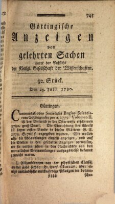 Göttingische Anzeigen von gelehrten Sachen (Göttingische Zeitungen von gelehrten Sachen) Samstag 29. Juli 1780