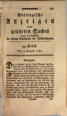 Göttingische Anzeigen von gelehrten Sachen (Göttingische Zeitungen von gelehrten Sachen) Donnerstag 3. August 1780
