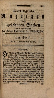 Göttingische Anzeigen von gelehrten Sachen (Göttingische Zeitungen von gelehrten Sachen) Montag 4. Dezember 1780