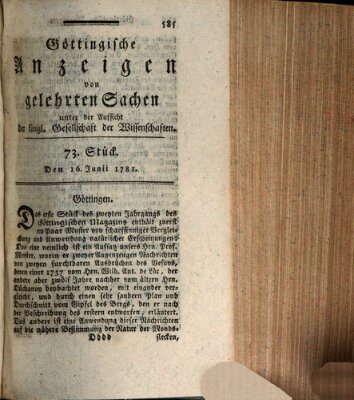 Göttingische Anzeigen von gelehrten Sachen (Göttingische Zeitungen von gelehrten Sachen) Samstag 16. Juni 1781
