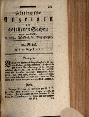 Göttingische Anzeigen von gelehrten Sachen (Göttingische Zeitungen von gelehrten Sachen) Samstag 18. August 1781