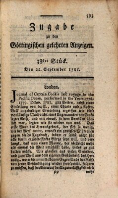 Göttingische Anzeigen von gelehrten Sachen (Göttingische Zeitungen von gelehrten Sachen) Samstag 22. September 1781