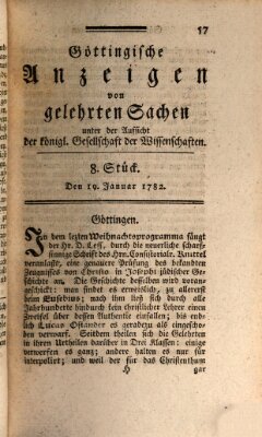 Göttingische Anzeigen von gelehrten Sachen (Göttingische Zeitungen von gelehrten Sachen) Samstag 19. Januar 1782
