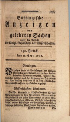 Göttingische Anzeigen von gelehrten Sachen (Göttingische Zeitungen von gelehrten Sachen) Donnerstag 18. September 1783