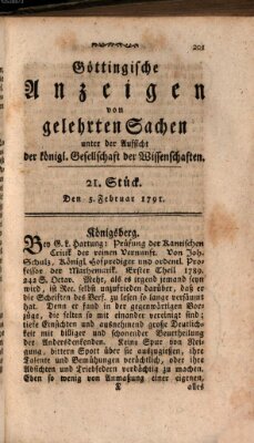 Göttingische Anzeigen von gelehrten Sachen (Göttingische Zeitungen von gelehrten Sachen) Samstag 5. Februar 1791