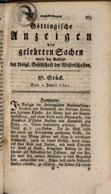Göttingische Anzeigen von gelehrten Sachen (Göttingische Zeitungen von gelehrten Sachen) Samstag 2. Juni 1792