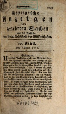 Göttingische Anzeigen von gelehrten Sachen (Göttingische Zeitungen von gelehrten Sachen) Montag 2. Juli 1792