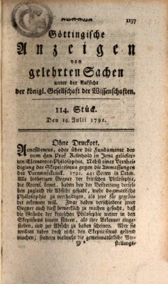 Göttingische Anzeigen von gelehrten Sachen (Göttingische Zeitungen von gelehrten Sachen) Donnerstag 19. Juli 1792