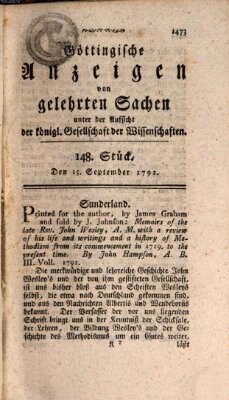 Göttingische Anzeigen von gelehrten Sachen (Göttingische Zeitungen von gelehrten Sachen) Samstag 15. September 1792