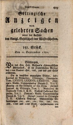 Göttingische Anzeigen von gelehrten Sachen (Göttingische Zeitungen von gelehrten Sachen) Samstag 22. September 1792