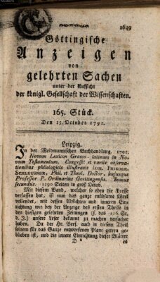 Göttingische Anzeigen von gelehrten Sachen (Göttingische Zeitungen von gelehrten Sachen) Montag 15. Oktober 1792