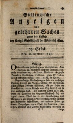 Göttingische Anzeigen von gelehrten Sachen (Göttingische Zeitungen von gelehrten Sachen) Donnerstag 20. Februar 1794
