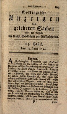 Göttingische Anzeigen von gelehrten Sachen (Göttingische Zeitungen von gelehrten Sachen) Samstag 19. Juli 1794