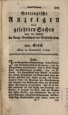 Göttingische Anzeigen von gelehrten Sachen (Göttingische Zeitungen von gelehrten Sachen) Samstag 20. Dezember 1794