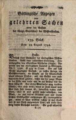 Göttingische Anzeigen von gelehrten Sachen (Göttingische Zeitungen von gelehrten Sachen) Montag 29. August 1796