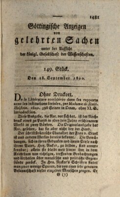 Göttingische Anzeigen von gelehrten Sachen (Göttingische Zeitungen von gelehrten Sachen) Donnerstag 18. September 1800