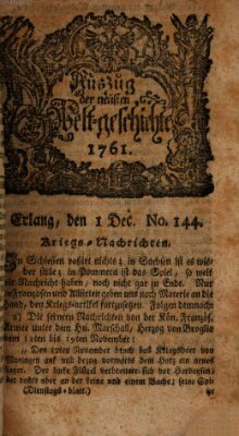 Auszug der neuesten Weltgeschichte (Erlanger Real-Zeitung) Dienstag 1. Dezember 1761