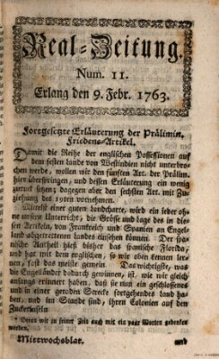 Real-Zeitung aufs Jahr ... das ist Auszug der neuesten Weltgeschichte (Erlanger Real-Zeitung) Mittwoch 9. Februar 1763