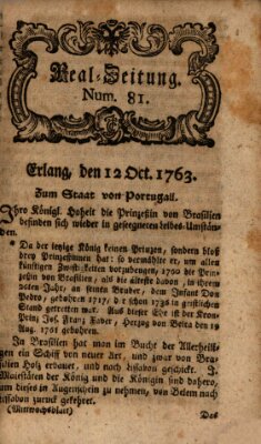 Real-Zeitung aufs Jahr ... das ist Auszug der neuesten Weltgeschichte (Erlanger Real-Zeitung) Mittwoch 12. Oktober 1763