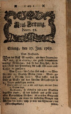 Real-Zeitung aufs Jahr ... das ist Auszug der neuesten Weltgeschichte (Erlanger Real-Zeitung) Samstag 27. Juni 1767