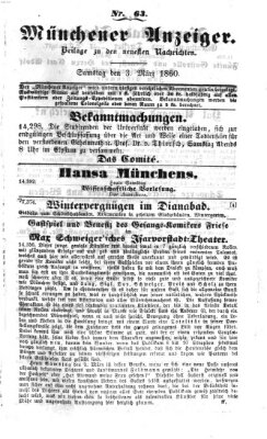 Münchener Anzeiger (Münchner neueste Nachrichten) Samstag 3. März 1860