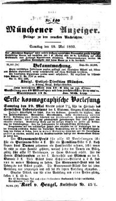 Münchener Anzeiger (Neueste Nachrichten aus dem Gebiete der Politik) Samstag 19. Mai 1860