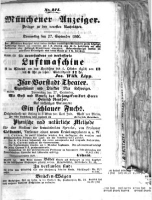 Münchener Anzeiger (Neueste Nachrichten aus dem Gebiete der Politik) Donnerstag 27. September 1860