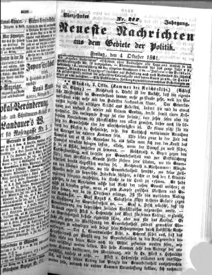 Neueste Nachrichten aus dem Gebiete der Politik Freitag 4. Oktober 1861