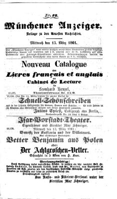 Münchener Anzeiger (Neueste Nachrichten aus dem Gebiete der Politik) Mittwoch 13. März 1861