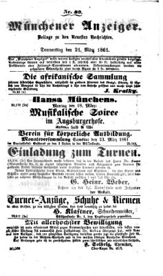 Münchener Anzeiger (Neueste Nachrichten aus dem Gebiete der Politik) Donnerstag 21. März 1861