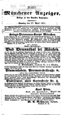 Münchener Anzeiger (Neueste Nachrichten aus dem Gebiete der Politik) Samstag 27. April 1861