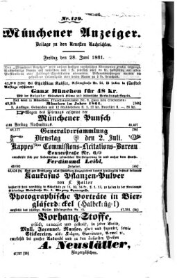 Münchener Anzeiger (Neueste Nachrichten aus dem Gebiete der Politik) Freitag 28. Juni 1861