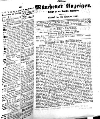 Münchener Anzeiger (Neueste Nachrichten aus dem Gebiete der Politik) Mittwoch 18. Dezember 1861