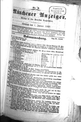 Münchener Anzeiger (Münchner neueste Nachrichten) Mittwoch 1. Januar 1862